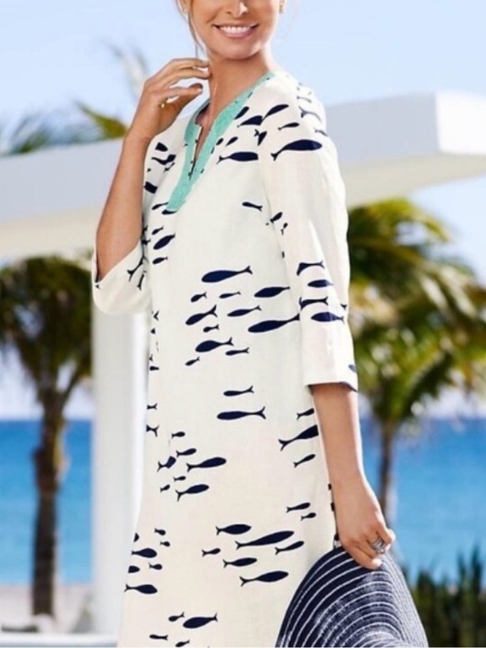 NWT Talbots 100% Linen Fish Print Tunic Dress Beaded Neck White Blue Size Large